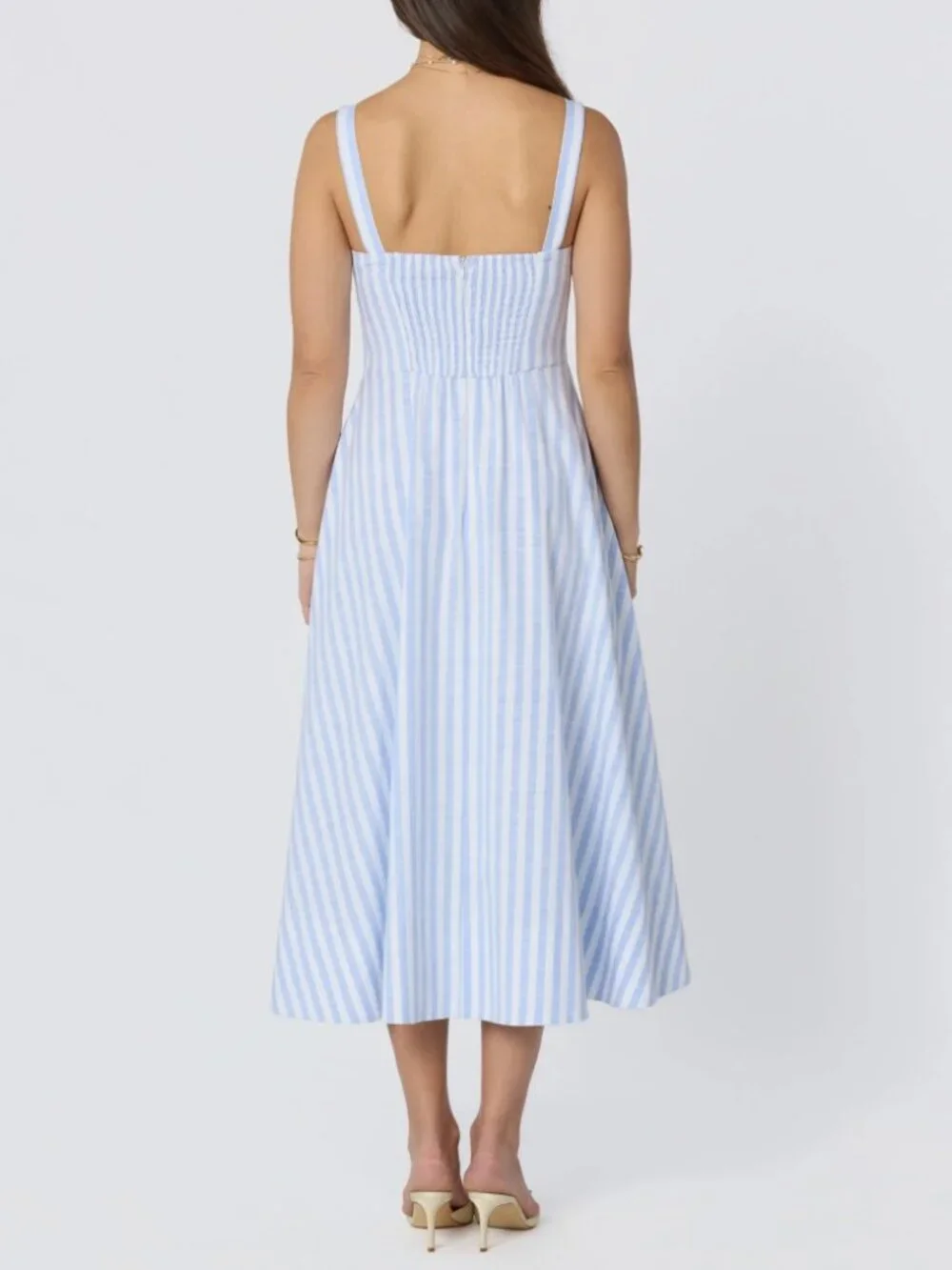 ASTR The Label Isabela Striped Sweetheart Midi Dress Blue Cream Woven Sz L NWOT